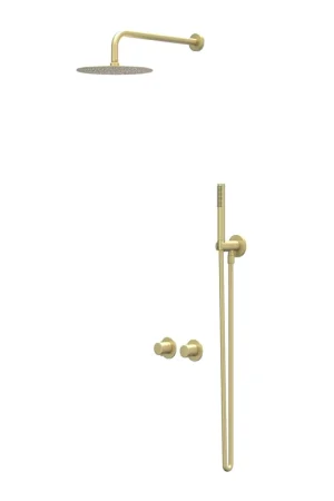 Affaire À Saisir IVY Bond Ensemble de douche de pluie - encastré - symmetry - inverseur-arrêt 2 voies - bras de plafond 30 cm - pomme de douche principale medium 25 cm - barre de douche avec sortie - flexible de douche 150 cm - douchette satin spray - Or brossé mat PVD