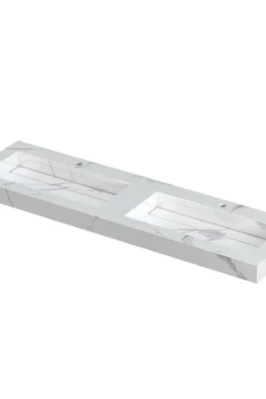 Acheter Direct INK Pitch lavabo - 160x45x9cm - 2 cuves - 2 trous de robinet - bonde céramique Statuario brillant
