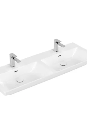 Achat Immédiat Villeroy & Boch Subway 3.0 lavabo-meuble - 130x47x16.5cm - Rectangulaire 2 trous de robinet 2 vasques avec trop-plein Blanc Alpin brillant Ceramic+