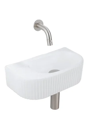 Acheter En Ligne QeramiQ Fuente Ensemble de Lavabo - 40x21.5x12cm - strié - demi-rond - céramique - ensemble de robinet en acier inoxydable brossé - bouchon de vidange - siphon réduit - blanc mat