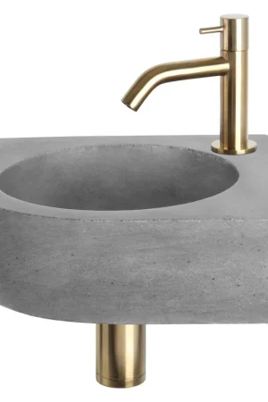 Acheter Direct Differnz Cleo kit lave-mains - 31,5x31,5x10cm - quart de rond - 1 trou de robinet - robinet courbé doré mat - Gris Béton
