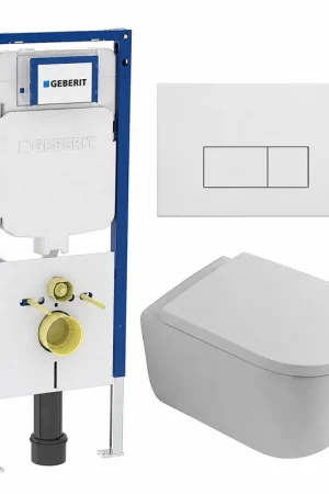 Achat Immédiat QeramiQ Dely Swirl Pack WC - 36,3x51,7cm - réservoir encastré Geberit UP720 Duofix Sigma - assise 35mm - plaque de commande en métal blanc mat - boutons rectangulaires - blanc brillant