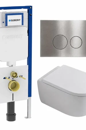 Acheter Direct Toiletset QeramiQ Dely Swirl - 36,3x51,7cm - réservoir encastré Geberit UP720 Duofix Sigma - assise 35mm - plaque de commande en acier - boutons ronds - blanc brillant