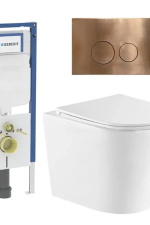 Achat Immédiat QeramiQ Dely Toiletset - 36.3x51.7cm - diepspoel - rimless - Geberit UP720 inbouwreservoir - softclose toiletzitting - koperen bedieningsplaat - ronde knoppen - wit glans