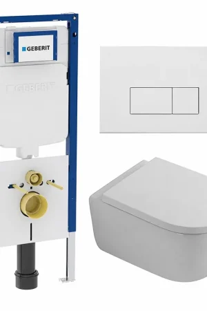 Acheter Direct Toiletset QeramiQ Dely Swirl - 36,3x51,7cm - à fond creux - sans bride - réservoir encastré Geberit UP720 Duofix Sigma - assise de 35mm - plaque de déclenchement en métal blanc mat - boutons rectangulaires - blanc mat
