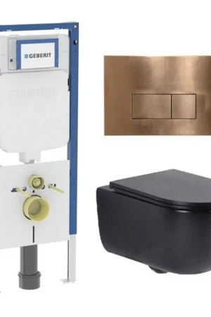 Achetez Aujourd'hui QeramiQ Dely Swirl Toiletset - 36.3x51.7cm - Geberit UP720 Duofix Sigma inbouwreservoir - slim zitting - koperen bedieningsplaat - rechthoekige knoppen - mat zwart