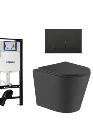 Acheter Direct QeramiQ Dely Ensemble WC - 36.3x51.7cm - cuvette profonde - rimless - Réservoir encastré avec mécanisme de chasse Geberit UP320 - abattant WC à fermeture douce - plaque de commande noire mate - boutons rectangulaires - noir mat