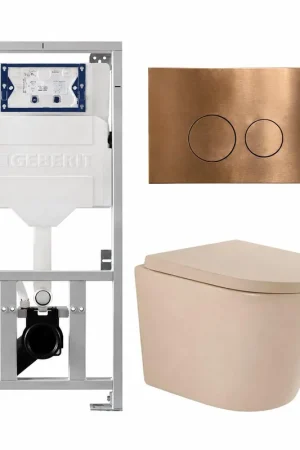 Achetez Aujourd'hui QeramiQ Dely Pack WC - 36,3x51,7cm - à fond creux - sans bride - réservoir encastré Geberit UP320 - abattant WC softclose 35 mm - plaque de commande en cuivre - boutons ronds - beige mat