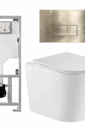 Acheter En Ligne QeramiQ Dely Ensemble WC - 36.3x51.7cm - cuvette profonde - sans rebord - réservoir encastré Geberit UP320 - avec cadre Burda - abattant WC softclose - plaque de commande en laiton brossé - boutons rectangulaires - blanc mat
