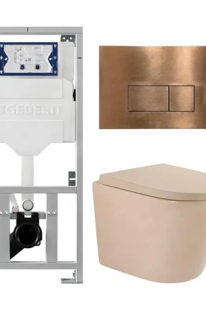 Acheter En Ligne QeramiQ Dely Pack WC - 36,3x51,7cm - à fond creux - sans bride - réservoir encastré Geberit UP320 - abattant WC softclose 35 mm - plaque de commande en cuivre - boutons rectangulaires - beige mat