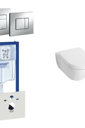 Villeroy & Boch Subway Compact Pack WC - réservoir encastré - à fond creux WC suspendu - plaque de déclenchement verticale/horizontale - chrome Top Vente