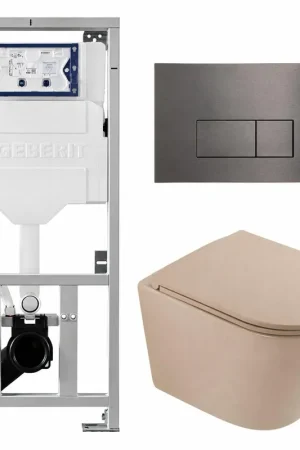 Achat Immédiat QeramiQ Dely Pack WC - 36,3x51,7cm - à fond creux - sans bride - réservoir encastré Geberit UP320 - abattant WC à fermeture douce - plaque de commande gunmetal - boutons rectangulaires - beige mat