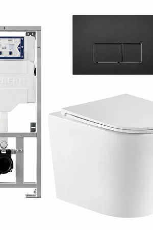 Acheter Direct QeramiQ Dely Pack WC cuvette sans bride 36.3x51.7cm avec bâti-support Geberit UP320 abattant WC blanc mat frein de chute et plaque de commande noir mat boutons Rectangulaires