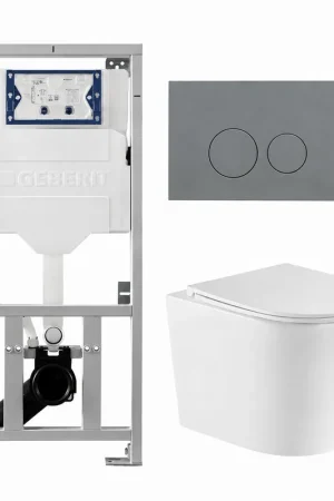Acheter Direct QeramiQ Dely Pack WC - 36.3x51.7cm - à fond creux - sans bride - réservoir encastré Geberit UP320 - abattant WC à fermeture douce - plaque de déclenchement gris clair - boutons ronds - blanc mat