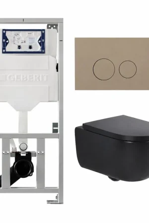 Achat Immédiat QeramiQ Dely Swirl Ensemble WC - 36.3x51.7cm - réservoir encastré Geberit UP320 - avec cadre Burda - abattant slim - plaque de commande taupe - boutons ronds - noir mat
