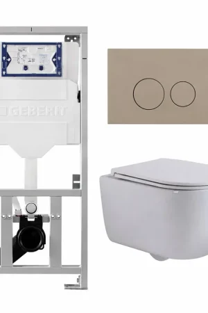 Acheter Direct QeramiQ Dely Swirl Ensemble WC - 36.3x51.7cm - réservoir encastré Geberit UP320 - avec cadre Burda - abattant slim - plaque de commande taupe - boutons ronds - blanc mat