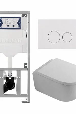 Achat Immédiat QeramiQ Dely Swirl Ensemble WC - 36.3x51.7cm - réservoir encastré Geberit UP320 - avec cadre Burda - abattant 35mm - plaque de déclenchement blanc brillant - boutons ronds - blanc mat