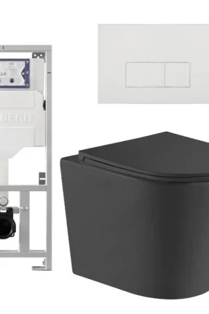 Achat Immédiat QeramiQ Dely Pack WC - 36.3x51.7cm - à fond creux - sans bride - réservoir WC attenant Geberit UP320 - abattant WC à fermeture douce - plaque de déclenchement brillante blanche - boutons rectangulaires - noir mat