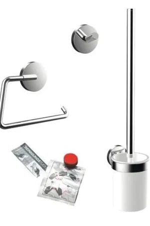Affaire À Saisir Emco Round Ensemble d’accessoires de toilette - porte-balai de toilette - ouvert - porte-rouleau de papier toilette - sans clapet - crochets porte-serviettes - 2 pièces - simple - chrome