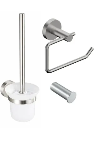 Achetez Aujourd'hui Fortifura Calvi Pack WC 3 pièces - porte-rouleau sans couvercle - brosse de toilette - crochet à serviette simple rond - Inox brossé PVD