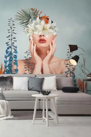 Papier peint panoramique intissé Miss flower bleu L371 x 280H cm Paiement Sécurisé