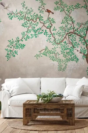 Bon Marché Papier peint panoramique intissé arbre aux oiseaux vert 371 x 280 cm AS CREATION