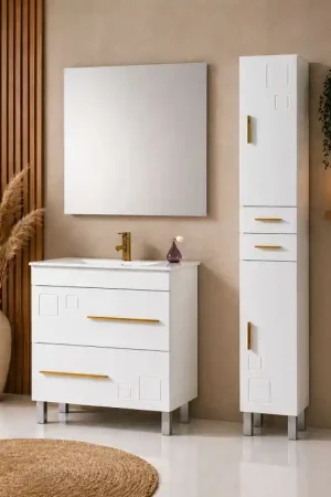 Haute Qualité Ensemble de meuble, vasque et miroir CLAUDIA, largeur 80 cm blanc et poignées dorées MUEBLES JUMAR