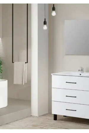 Ensemble meuble de salle de bain India 80 cm blanc, poignées noires JUMAR Retour Gratuit