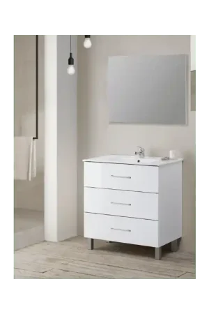 Nouvelle Collection Ensemble meuble de salle de bain India 80 cm blanc, poignées chromées JUMAR