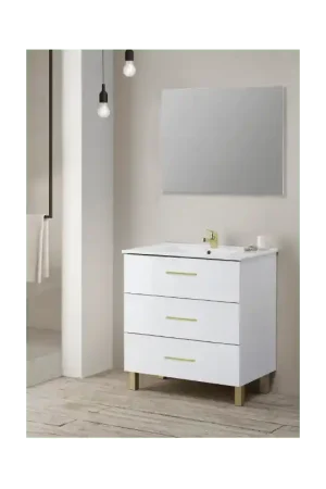 Prix Cassé Ensemble meuble de salle de bain India 80 cm blanc, poignées dorées JUMAR