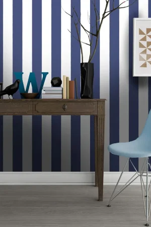 Nouvelle Collection Papier peint rayures larges bleu