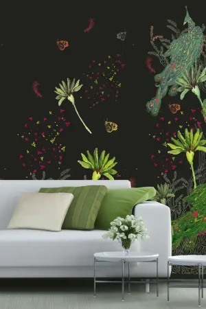 Papier Peint Paon vert fond noir Nouvelle Collection
