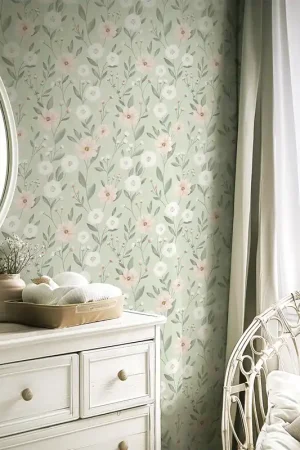 Vente Flash PAPIER PEINT ENFANT - ÉCLOSION FLORALE (FOND VERT)